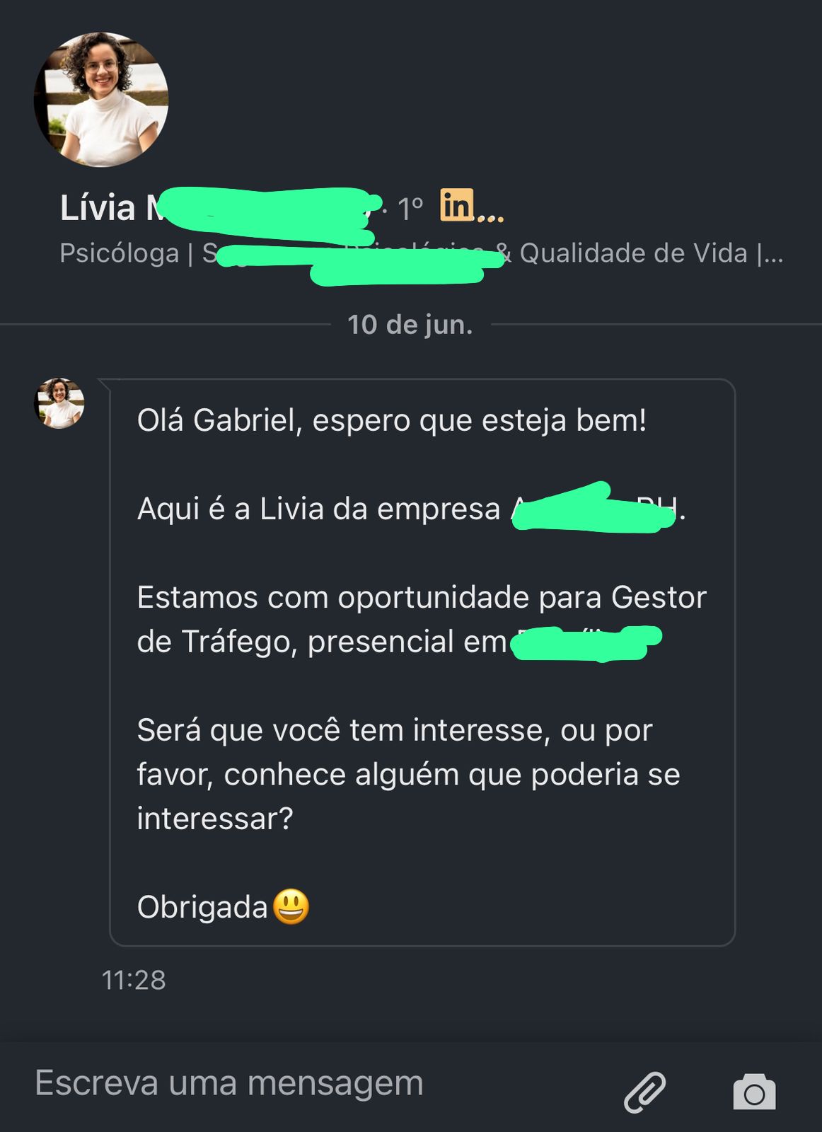 Recrutadora no LinkedIn oferecendo vaga de Gestor de Tráfego para Gabriel Santiago
